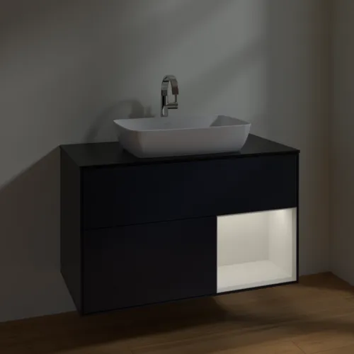 Bild von VILLEROY BOCH Finion Waschbeckenunterschrank, mit Beleuchtung, 2 Auszüge, 1000 x 603 x 501 mm, Midnight Blue Matt Lacquer / Glossy White Lacquer / Glass Black Matt #F782GFHG
