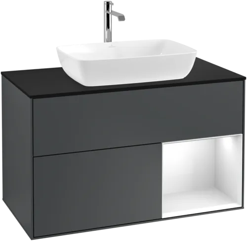 VILLEROY BOCH Finion Vanity unit, with lighting, 2 pull-out compartments, 1000 x 603 x 501 mm, Midnight Blue Matt Lacquer / Glossy White Lacquer / Glass Black Matt #F782GFHG resmi