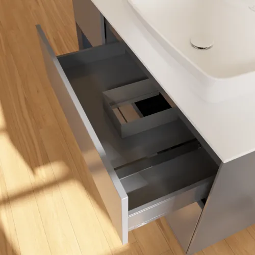 Obrázek VILLEROY BOCH Toaletní skříňka Finion, s osvětlením, 3 výsuvy, 1200 x 603 x 501 mm, antracitový matný lak / půlnoční modrý matný lak / bílé matné sklo #F801HGGK