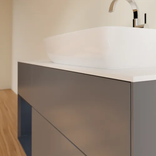 Obrázek VILLEROY BOCH Toaletní skříňka Finion, s osvětlením, 3 výsuvy, 1200 x 603 x 501 mm, antracitový matný lak / půlnoční modrý matný lak / bílé matné sklo #F801HGGK