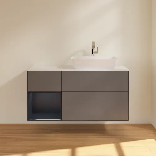 Obrázek VILLEROY BOCH Toaletní skříňka Finion, s osvětlením, 3 výsuvy, 1200 x 603 x 501 mm, antracitový matný lak / půlnoční modrý matný lak / bílé matné sklo #F801HGGK