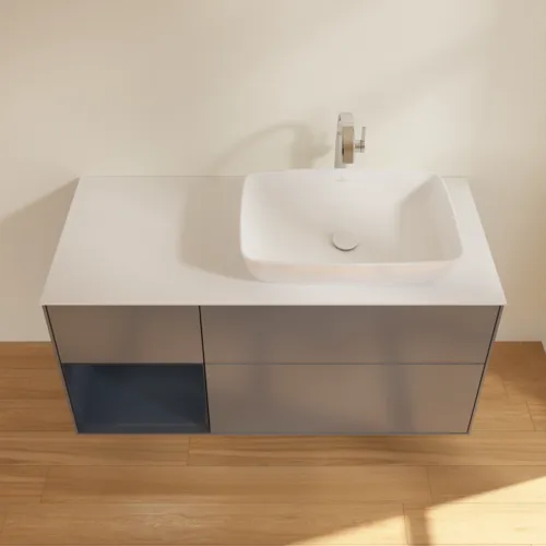Obrázek VILLEROY BOCH Toaletní skříňka Finion, s osvětlením, 3 výsuvy, 1200 x 603 x 501 mm, antracitový matný lak / půlnoční modrý matný lak / bílé matné sklo #F801HGGK