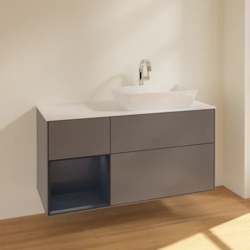 Obrázek VILLEROY BOCH Toaletní skříňka Finion, s osvětlením, 3 výsuvy, 1200 x 603 x 501 mm, antracitový matný lak / půlnoční modrý matný lak / bílé matné sklo #F801HGGK