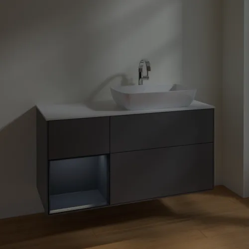 Obrázek VILLEROY BOCH Toaletní skříňka Finion, s osvětlením, 3 výsuvy, 1200 x 603 x 501 mm, antracitový matný lak / půlnoční modrý matný lak / bílé matné sklo #F801HGGK