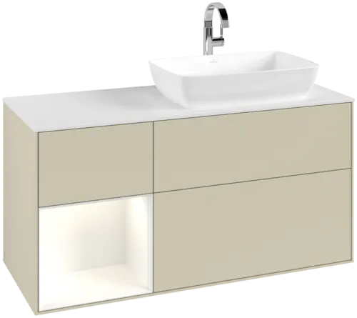 VILLEROY BOCH Finion Vanity unit, with lighting, 3 pull-out compartments, 1200 x 603 x 501 mm, Silk Grey Matt Lacquer / Glossy White Lacquer / Glass White Matt #F801GFHJ resmi