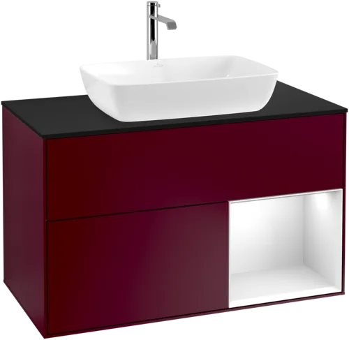 VILLEROY BOCH Finion Vanity unit, with lighting, 2 pull-out compartments, 1000 x 603 x 501 mm, Peony Matt Lacquer / Glossy White Lacquer / Glass Black Matt #F782GFHB resmi