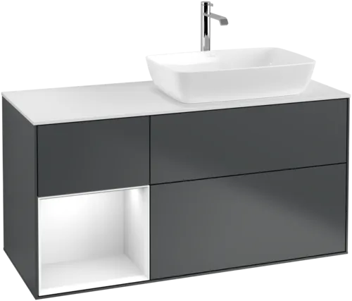 VILLEROY BOCH Finion Vanity unit, with lighting, 3 pull-out compartments, 1200 x 603 x 501 mm, Midnight Blue Matt Lacquer / Glossy White Lacquer / Glass White Matt #F801GFHG resmi