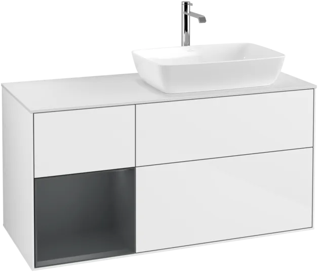 VILLEROY BOCH Finion Vanity unit, with lighting, 3 pull-out compartments, 1200 x 603 x 501 mm, Glossy White Lacquer / Midnight Blue Matt Lacquer / Glass White Matt #F801HGGF resmi
