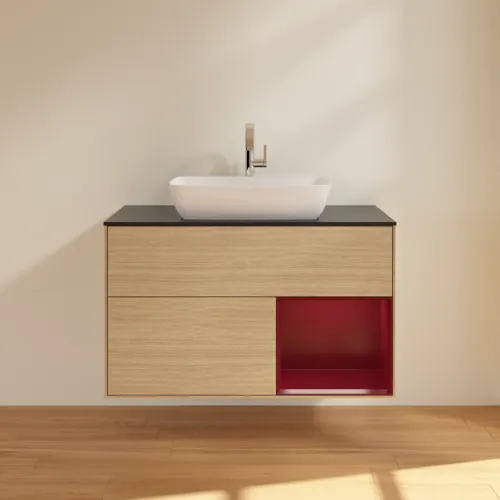 Bild von VILLEROY BOCH Finion Waschbeckenunterschrank, mit Beleuchtung, 2 Auszüge, 1000 x 603 x 501 mm, Oak Veneer / Peony Matt Lacquer / Glass Black Matt #F782HBPC