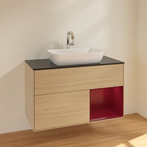 Bild von VILLEROY BOCH Finion Waschbeckenunterschrank, mit Beleuchtung, 2 Auszüge, 1000 x 603 x 501 mm, Oak Veneer / Peony Matt Lacquer / Glass Black Matt #F782HBPC