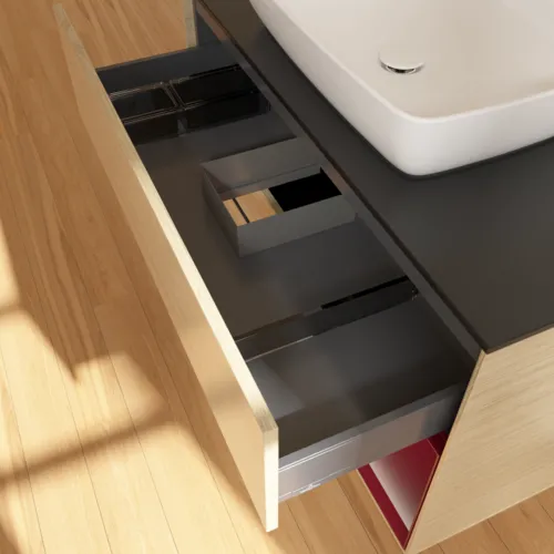 Bild von VILLEROY BOCH Finion Waschbeckenunterschrank, mit Beleuchtung, 2 Auszüge, 1000 x 603 x 501 mm, Oak Veneer / Peony Matt Lacquer / Glass Black Matt #F782HBPC