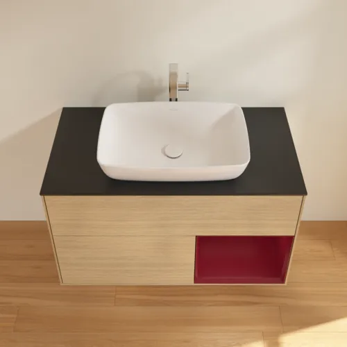 Bild von VILLEROY BOCH Finion Waschbeckenunterschrank, mit Beleuchtung, 2 Auszüge, 1000 x 603 x 501 mm, Oak Veneer / Peony Matt Lacquer / Glass Black Matt #F782HBPC