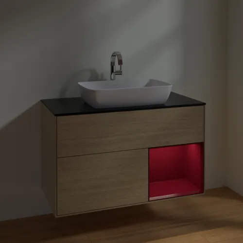 Bild von VILLEROY BOCH Finion Waschbeckenunterschrank, mit Beleuchtung, 2 Auszüge, 1000 x 603 x 501 mm, Oak Veneer / Peony Matt Lacquer / Glass Black Matt #F782HBPC