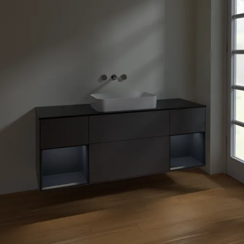 VILLEROY BOCH Finion Waschbeckenunterschrank, mit Beleuchtung, 4 Auszüge, 1600 x 603 x 501 mm, Anthracite Matt Lacquer / Midnight Blue Matt Lacquer / Glass Black Matt #F742HGGK, Bild 5
