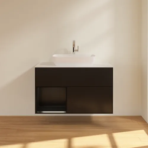 Bild von VILLEROY BOCH Finion Waschbeckenunterschrank, mit Beleuchtung, 2 Auszüge, 1000 x 603 x 501 mm, Black Matt Lacquer / Black Matt Lacquer / Glass White Matt #F771PDPD