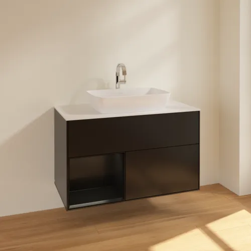 Bild von VILLEROY BOCH Finion Waschbeckenunterschrank, mit Beleuchtung, 2 Auszüge, 1000 x 603 x 501 mm, Black Matt Lacquer / Black Matt Lacquer / Glass White Matt #F771PDPD