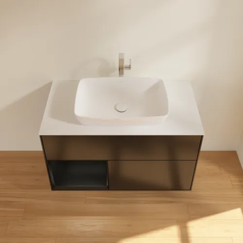 Bild von VILLEROY BOCH Finion Waschbeckenunterschrank, mit Beleuchtung, 2 Auszüge, 1000 x 603 x 501 mm, Black Matt Lacquer / Black Matt Lacquer / Glass White Matt #F771PDPD