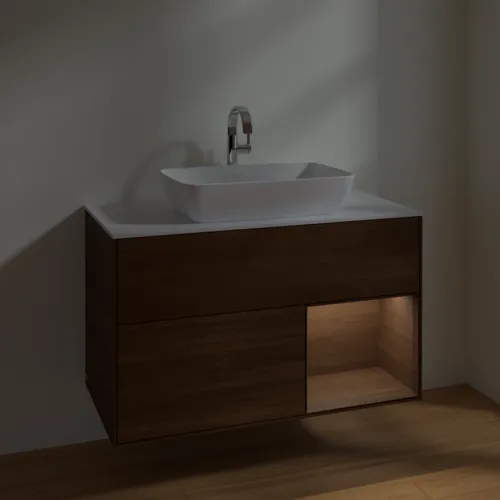 Bild von VILLEROY BOCH Finion Waschbeckenunterschrank, mit Beleuchtung, 2 Auszüge, 1000 x 603 x 501 mm, Walnut Veneer / Walnut Veneer / Glass White Matt #F781GNGN