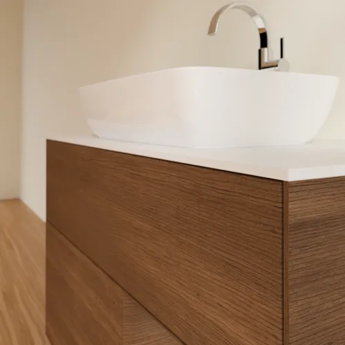 Bild von VILLEROY BOCH Finion Waschbeckenunterschrank, mit Beleuchtung, 2 Auszüge, 1000 x 603 x 501 mm, Walnut Veneer / Walnut Veneer / Glass White Matt #F781GNGN