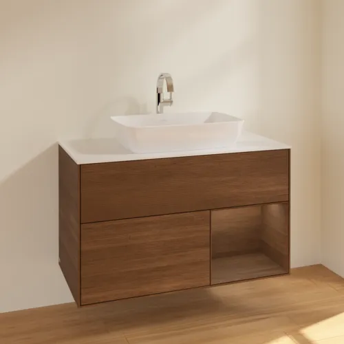 Bild von VILLEROY BOCH Finion Waschbeckenunterschrank, mit Beleuchtung, 2 Auszüge, 1000 x 603 x 501 mm, Walnut Veneer / Walnut Veneer / Glass White Matt #F781GNGN