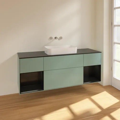 Bild von VILLEROY BOCH Finion Waschbeckenunterschrank, mit Beleuchtung, 4 Auszüge, 1600 x 603 x 501 mm, Olive Matt Lacquer / Black Matt Lacquer / Glass Black Matt #F742PDGM