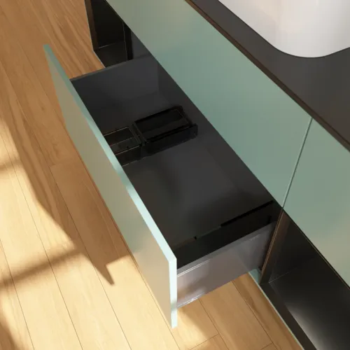 Bild von VILLEROY BOCH Finion Waschbeckenunterschrank, mit Beleuchtung, 4 Auszüge, 1600 x 603 x 501 mm, Olive Matt Lacquer / Black Matt Lacquer / Glass Black Matt #F742PDGM