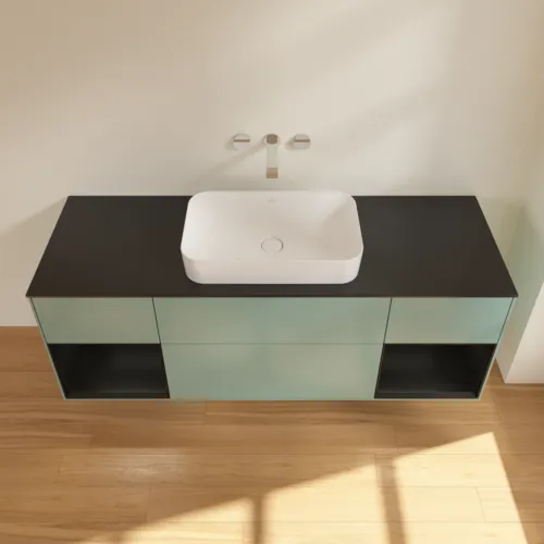 Bild von VILLEROY BOCH Finion Waschbeckenunterschrank, mit Beleuchtung, 4 Auszüge, 1600 x 603 x 501 mm, Olive Matt Lacquer / Black Matt Lacquer / Glass Black Matt #F742PDGM