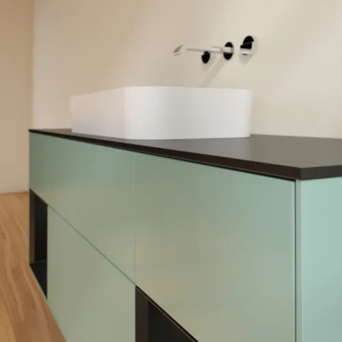 Bild von VILLEROY BOCH Finion Waschbeckenunterschrank, mit Beleuchtung, 4 Auszüge, 1600 x 603 x 501 mm, Olive Matt Lacquer / Black Matt Lacquer / Glass Black Matt #F742PDGM