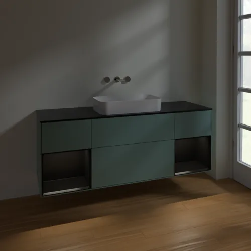 Bild von VILLEROY BOCH Finion Waschbeckenunterschrank, mit Beleuchtung, 4 Auszüge, 1600 x 603 x 501 mm, Olive Matt Lacquer / Black Matt Lacquer / Glass Black Matt #F742PDGM