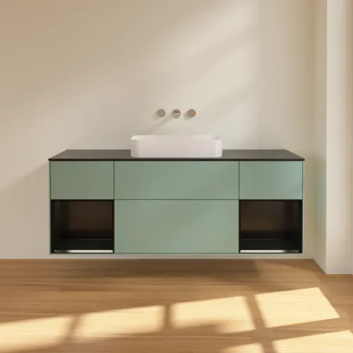 Bild von VILLEROY BOCH Finion Waschbeckenunterschrank, mit Beleuchtung, 4 Auszüge, 1600 x 603 x 501 mm, Olive Matt Lacquer / Black Matt Lacquer / Glass Black Matt #F742PDGM