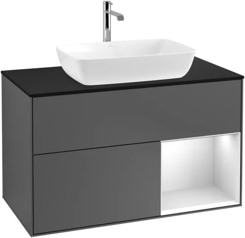 Obrázek VILLEROY BOCH Toaletní skříňka Finion, s osvětlením, 2 výsuvy, 1000 x 603 x 501 mm, antracitový matný lak / bílý matný lak / černé matné sklo #F782MTGK
