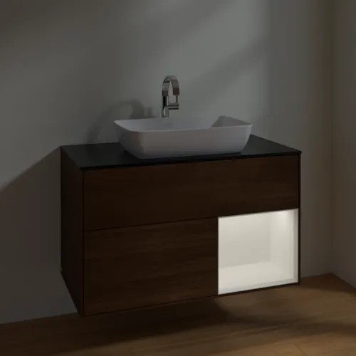 Bild von VILLEROY BOCH Finion Waschbeckenunterschrank, mit Beleuchtung, 2 Auszüge, 1000 x 603 x 501 mm, Walnut Veneer / White Matt Lacquer / Glass Black Matt #F782MTGN
