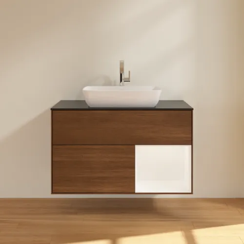 Bild von VILLEROY BOCH Finion Waschbeckenunterschrank, mit Beleuchtung, 2 Auszüge, 1000 x 603 x 501 mm, Walnut Veneer / White Matt Lacquer / Glass Black Matt #F782MTGN