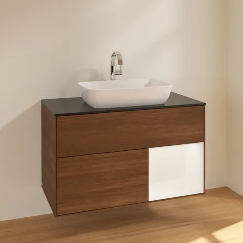 Bild von VILLEROY BOCH Finion Waschbeckenunterschrank, mit Beleuchtung, 2 Auszüge, 1000 x 603 x 501 mm, Walnut Veneer / White Matt Lacquer / Glass Black Matt #F782MTGN