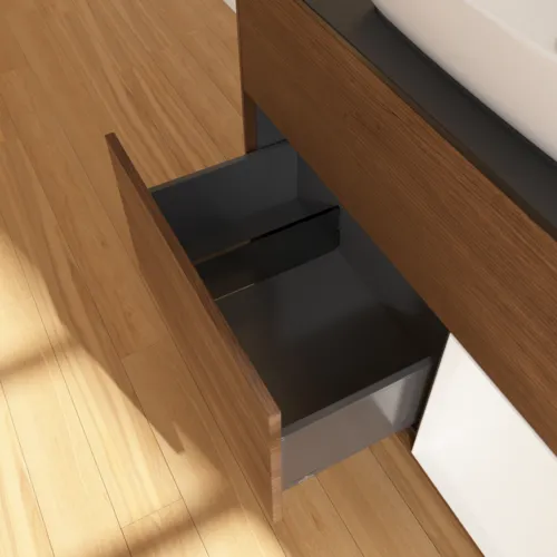 Bild von VILLEROY BOCH Finion Waschbeckenunterschrank, mit Beleuchtung, 2 Auszüge, 1000 x 603 x 501 mm, Walnut Veneer / White Matt Lacquer / Glass Black Matt #F782MTGN