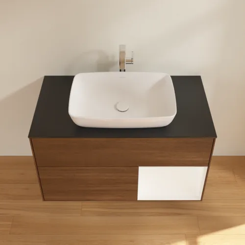 Bild von VILLEROY BOCH Finion Waschbeckenunterschrank, mit Beleuchtung, 2 Auszüge, 1000 x 603 x 501 mm, Walnut Veneer / White Matt Lacquer / Glass Black Matt #F782MTGN