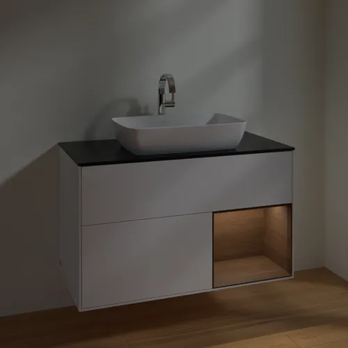 Bild von VILLEROY BOCH Finion Waschbeckenunterschrank, mit Beleuchtung, 2 Auszüge, 1000 x 603 x 501 mm, White Matt Lacquer / Walnut Veneer / Glass Black Matt #F782GNMT