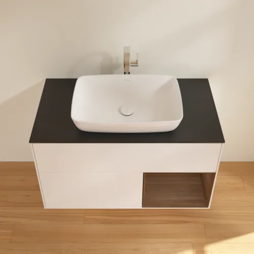 Bild von VILLEROY BOCH Finion Waschbeckenunterschrank, mit Beleuchtung, 2 Auszüge, 1000 x 603 x 501 mm, White Matt Lacquer / Walnut Veneer / Glass Black Matt #F782GNMT
