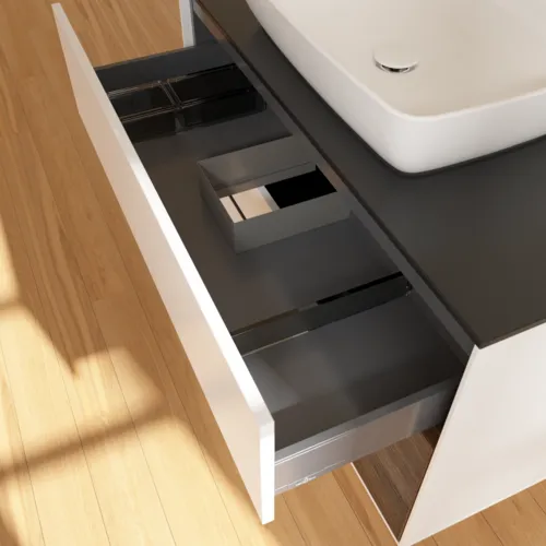 Bild von VILLEROY BOCH Finion Waschbeckenunterschrank, mit Beleuchtung, 2 Auszüge, 1000 x 603 x 501 mm, White Matt Lacquer / Walnut Veneer / Glass Black Matt #F782GNMT