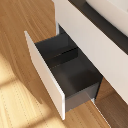 Bild von VILLEROY BOCH Finion Waschbeckenunterschrank, mit Beleuchtung, 2 Auszüge, 1000 x 603 x 501 mm, White Matt Lacquer / Walnut Veneer / Glass Black Matt #F782GNMT