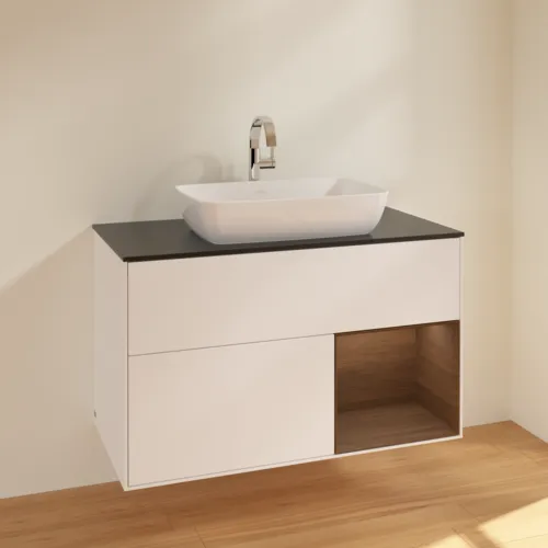 Bild von VILLEROY BOCH Finion Waschbeckenunterschrank, mit Beleuchtung, 2 Auszüge, 1000 x 603 x 501 mm, White Matt Lacquer / Walnut Veneer / Glass Black Matt #F782GNMT