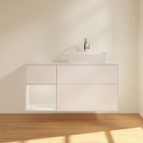 Bild von VILLEROY BOCH Finion Waschbeckenunterschrank, mit Beleuchtung, 3 Auszüge, 1200 x 603 x 501 mm, White Matt Lacquer / Glossy White Lacquer / Glass White Matt #F801GFMT