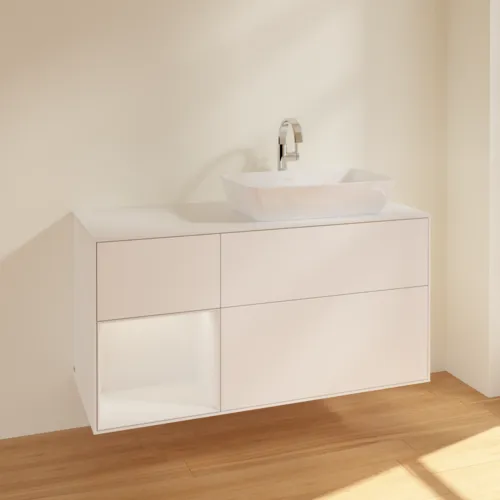 Bild von VILLEROY BOCH Finion Waschbeckenunterschrank, mit Beleuchtung, 3 Auszüge, 1200 x 603 x 501 mm, White Matt Lacquer / Glossy White Lacquer / Glass White Matt #F801GFMT