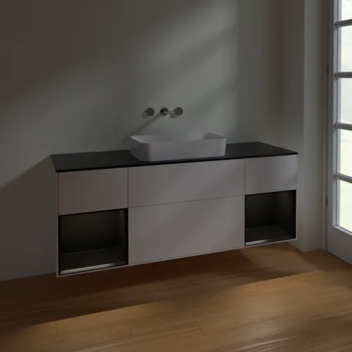 Bild von VILLEROY BOCH Finion Waschbeckenunterschrank, mit Beleuchtung, 4 Auszüge, 1600 x 603 x 501 mm, White Matt Lacquer / Black Matt Lacquer / Glass Black Matt #F742PDMT