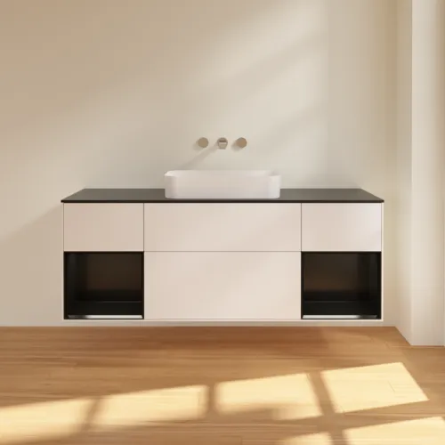 Bild von VILLEROY BOCH Finion Waschbeckenunterschrank, mit Beleuchtung, 4 Auszüge, 1600 x 603 x 501 mm, White Matt Lacquer / Black Matt Lacquer / Glass Black Matt #F742PDMT