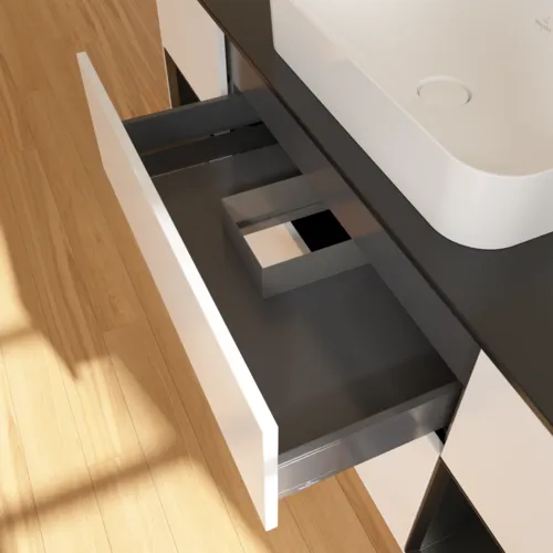 Bild von VILLEROY BOCH Finion Waschbeckenunterschrank, mit Beleuchtung, 4 Auszüge, 1600 x 603 x 501 mm, White Matt Lacquer / Black Matt Lacquer / Glass Black Matt #F742PDMT