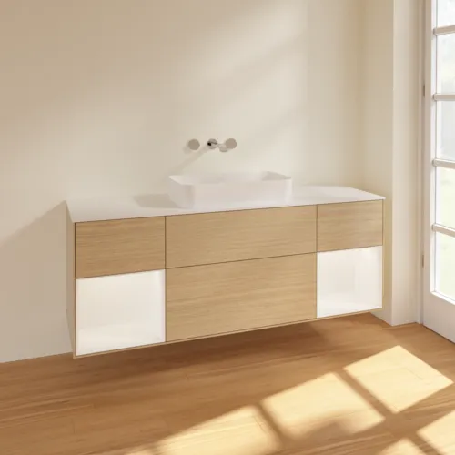 Bild von VILLEROY BOCH Finion Waschbeckenunterschrank, mit Beleuchtung, 4 Auszüge, 1600 x 603 x 501 mm, Oak Veneer / White Matt Lacquer / Glass White Matt #F741MTPC