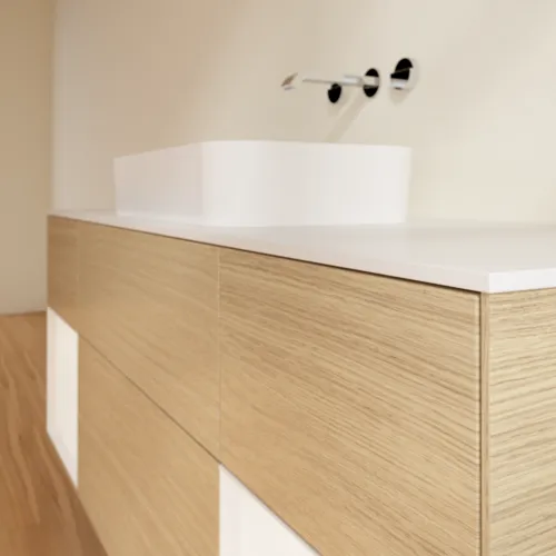 Bild von VILLEROY BOCH Finion Waschbeckenunterschrank, mit Beleuchtung, 4 Auszüge, 1600 x 603 x 501 mm, Oak Veneer / White Matt Lacquer / Glass White Matt #F741MTPC