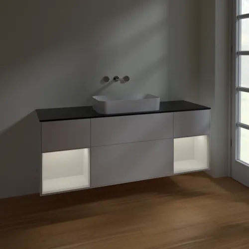 Bild von VILLEROY BOCH Finion Waschbeckenunterschrank, mit Beleuchtung, 4 Auszüge, 1600 x 603 x 501 mm, White Matt Lacquer / Glossy White Lacquer / Glass Black Matt #F742GFMT