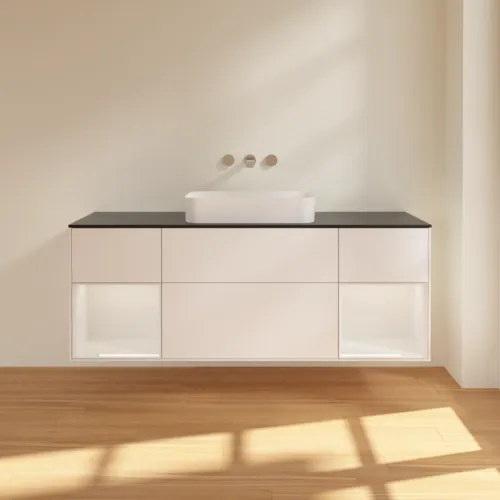 Bild von VILLEROY BOCH Finion Waschbeckenunterschrank, mit Beleuchtung, 4 Auszüge, 1600 x 603 x 501 mm, White Matt Lacquer / Glossy White Lacquer / Glass Black Matt #F742GFMT